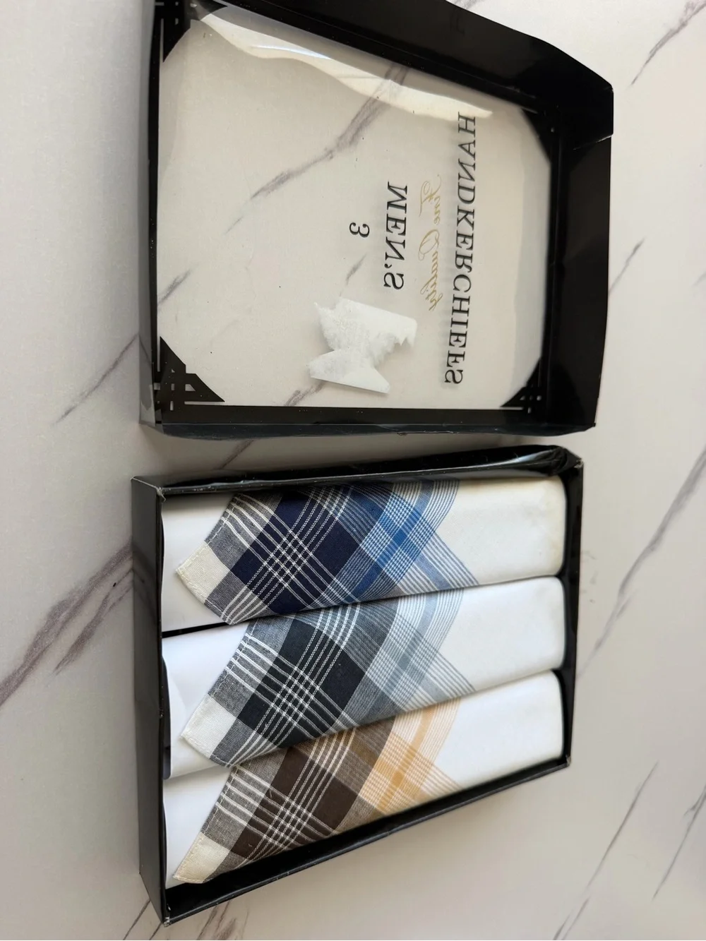 3 Pack Men’s Plaid Corner Handkerchiefs - White with Blue, Gray, Brown Plaids